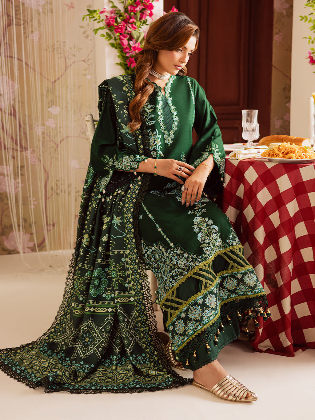 MAHNUR-3PC DHANAK EMBROIDERED SHIRT WITH COURTRAI PRINTED SHAWL & TROUSER