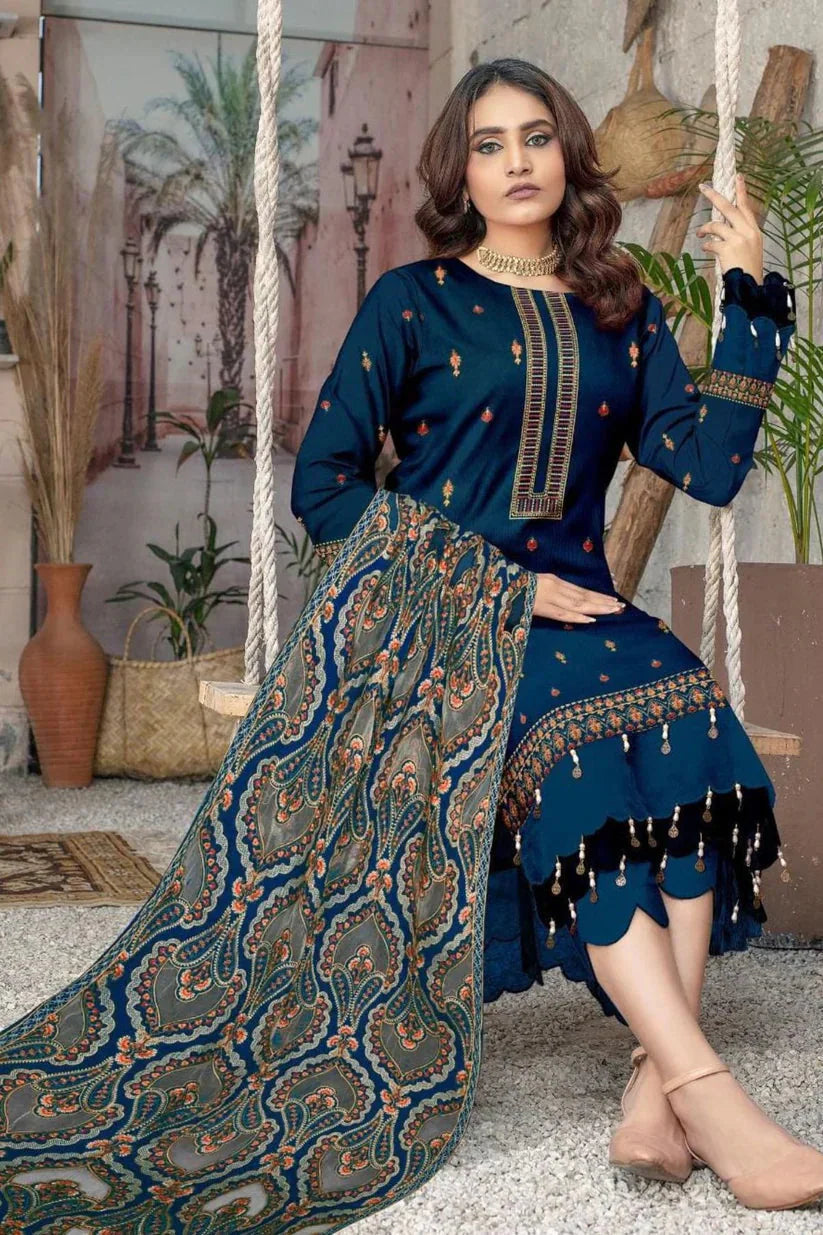 BAREEZE UNSTITCHED LUXURY DHANAK HAVEY EMBROIDERED 3PC SUIT WITH HEAVY EMBROIDERED LASER CUT SHAWL