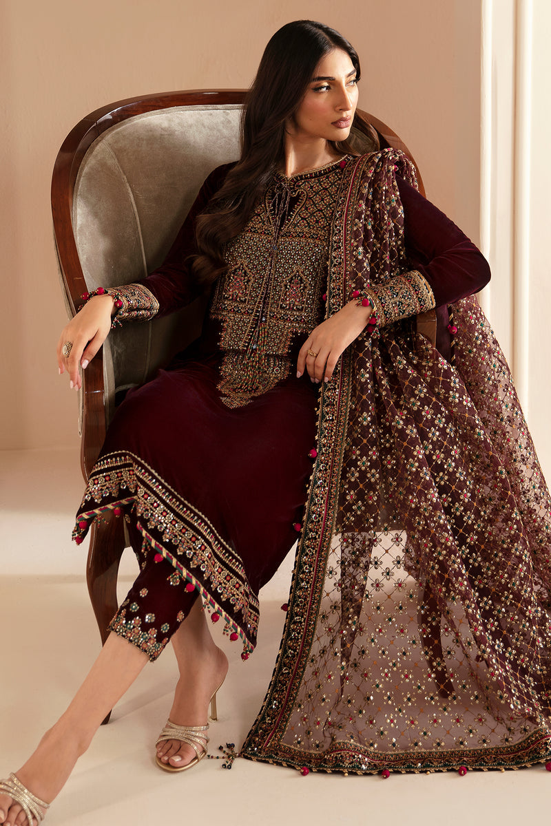 Jazmin 3PC Embroidered Velvet Suit with Embroidered Organza Dupatta