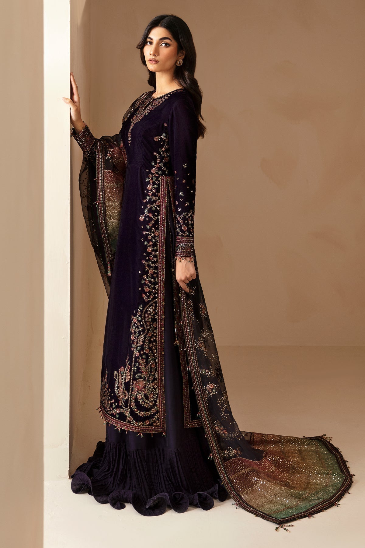 Jazmin 3PC Embroidered Velvet Suit with Embroidered Organza Dupatta