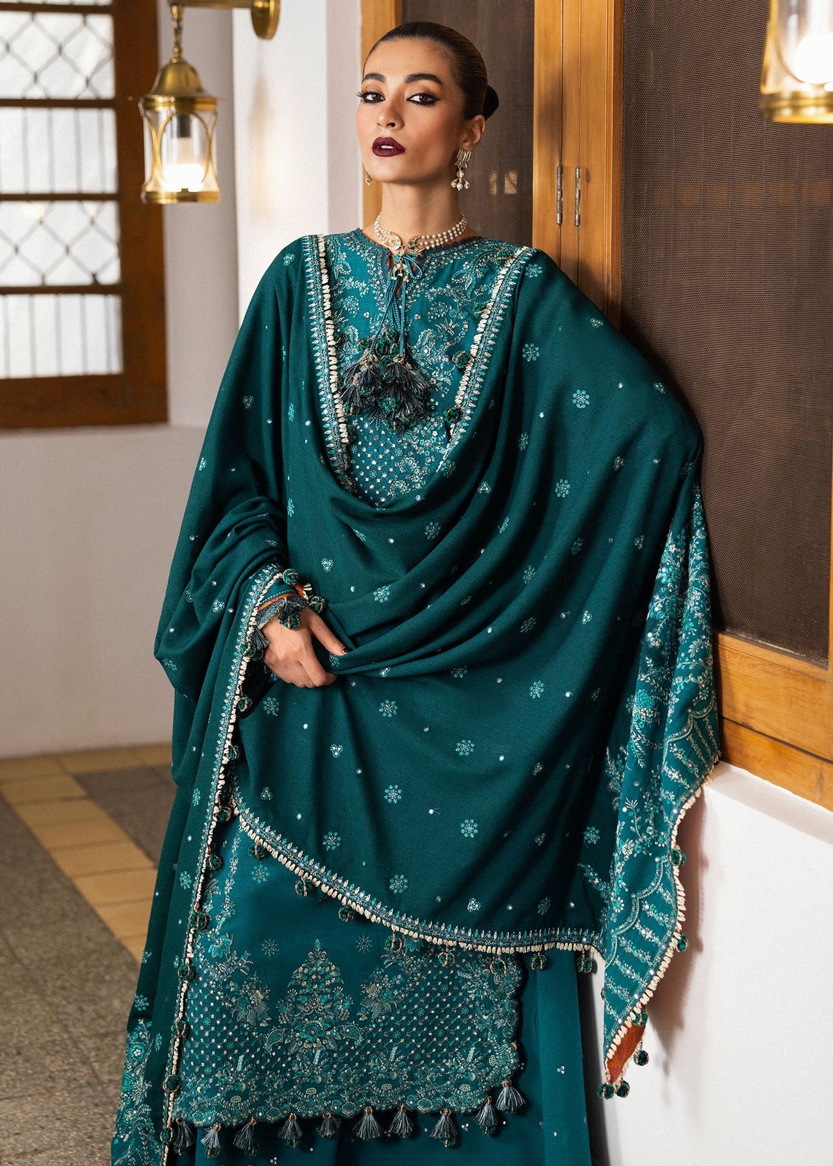 HUSSAIN REHAR LUXURY UNSTITCHED DHANAK EMBROIDERED 3PC WITH DHANAK EMBROIDERED SHAWL