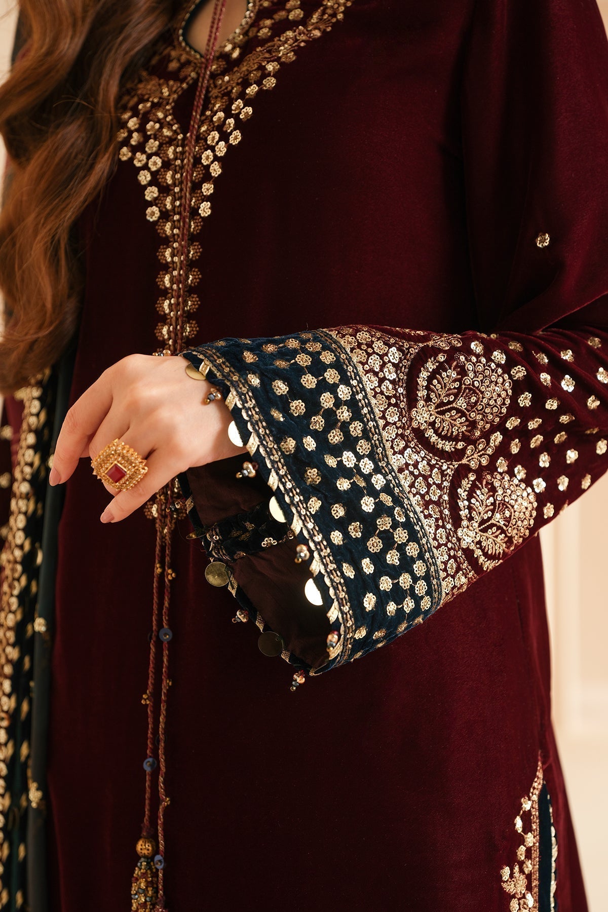 Jazmin 3PC Embroidered Velvet Suit with Embroidered Organza Dupatta