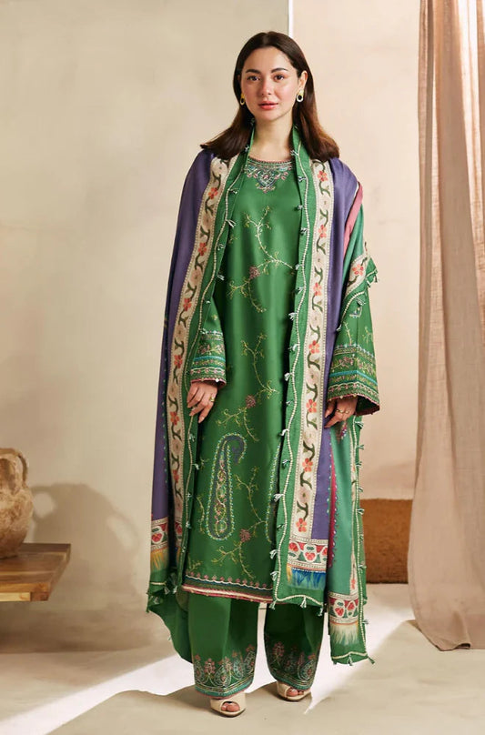ZARA SHAH JAHAN-3PC DHANAK EMBROIDERED SHIRT WITH  PRINTED SHAWL AND TROUSER