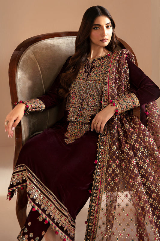 Jazmin 3PC Embroidered Velvet Suit with Embroidered Organza Dupatta