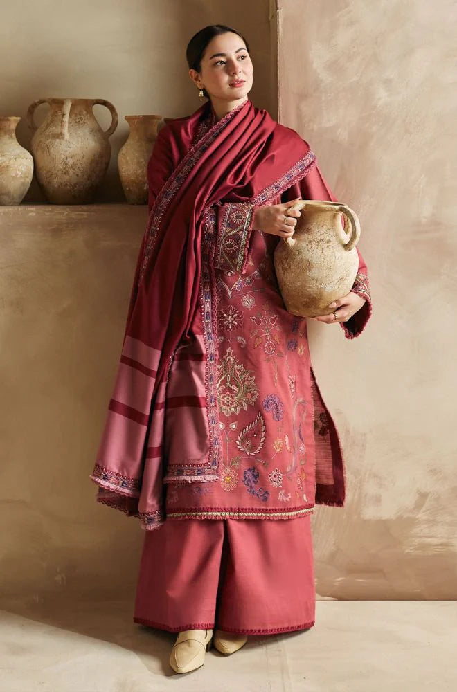 ZARA SHAH JAHAN-3PC DHANAK EMBROIDERED SHIRT WITH  PRINTED SHAWL AND TROUSER