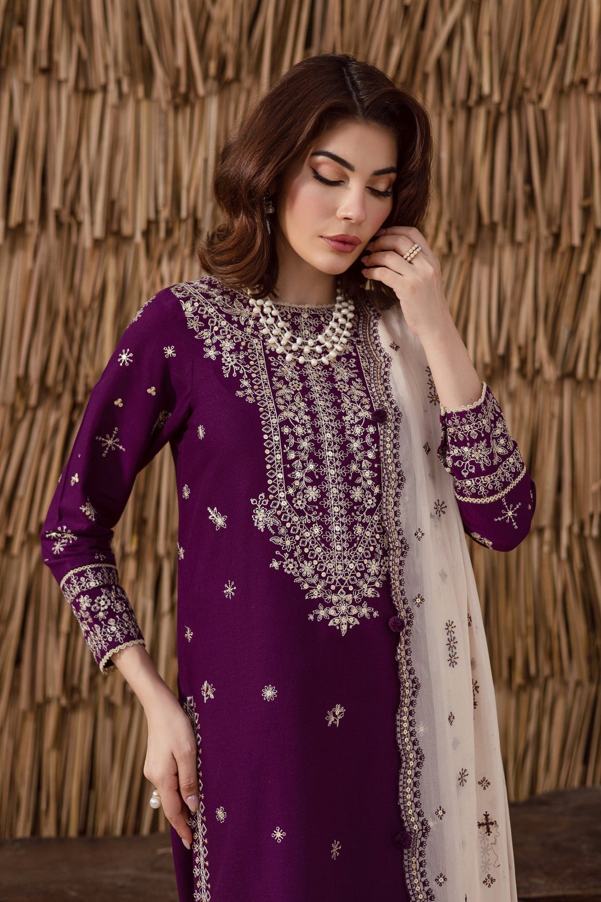 BATIK-3PC DHANAK EMBROIDERED SHIRT WITH DHANAK EMBROIDERED SHAWL AND TROUSER