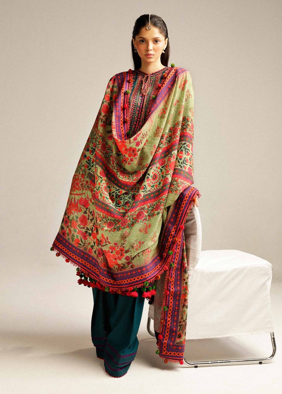 HUSSAIN REHAR LUXURY DHANAK UNSTITCHED  EMBROIDERED 3PC WITH DHANAK MARINA READY TO WEAR SHAWL