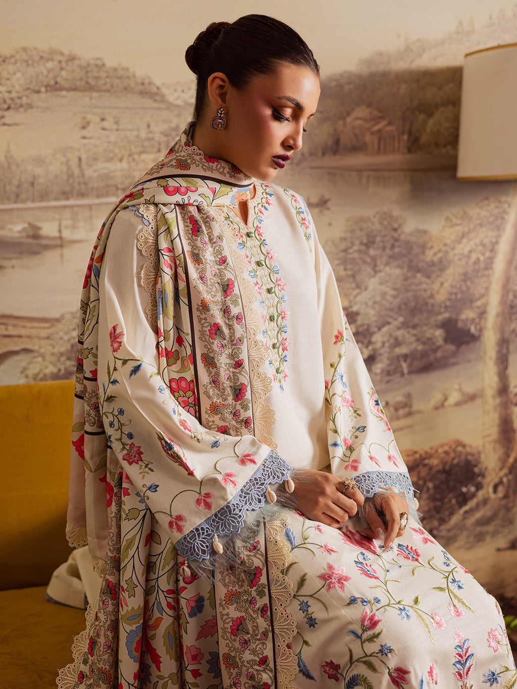 MAHNUR-3PC DHANAK EMBROIDERED SHIRT WITH COURTRAI PRINTED SHAWL & TROUSER