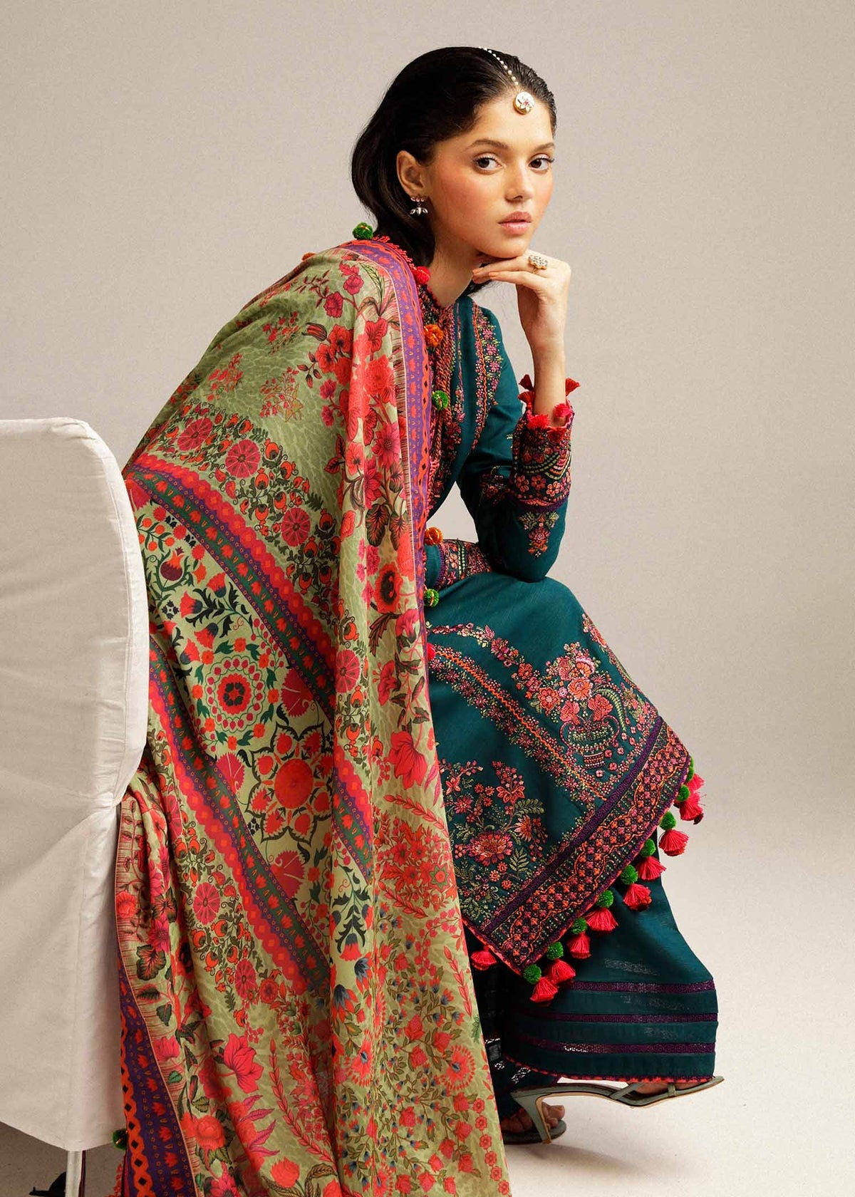 HUSSAIN REHAR LUXURY DHANAK UNSTITCHED  EMBROIDERED 3PC WITH DHANAK MARINA READY TO WEAR SHAWL