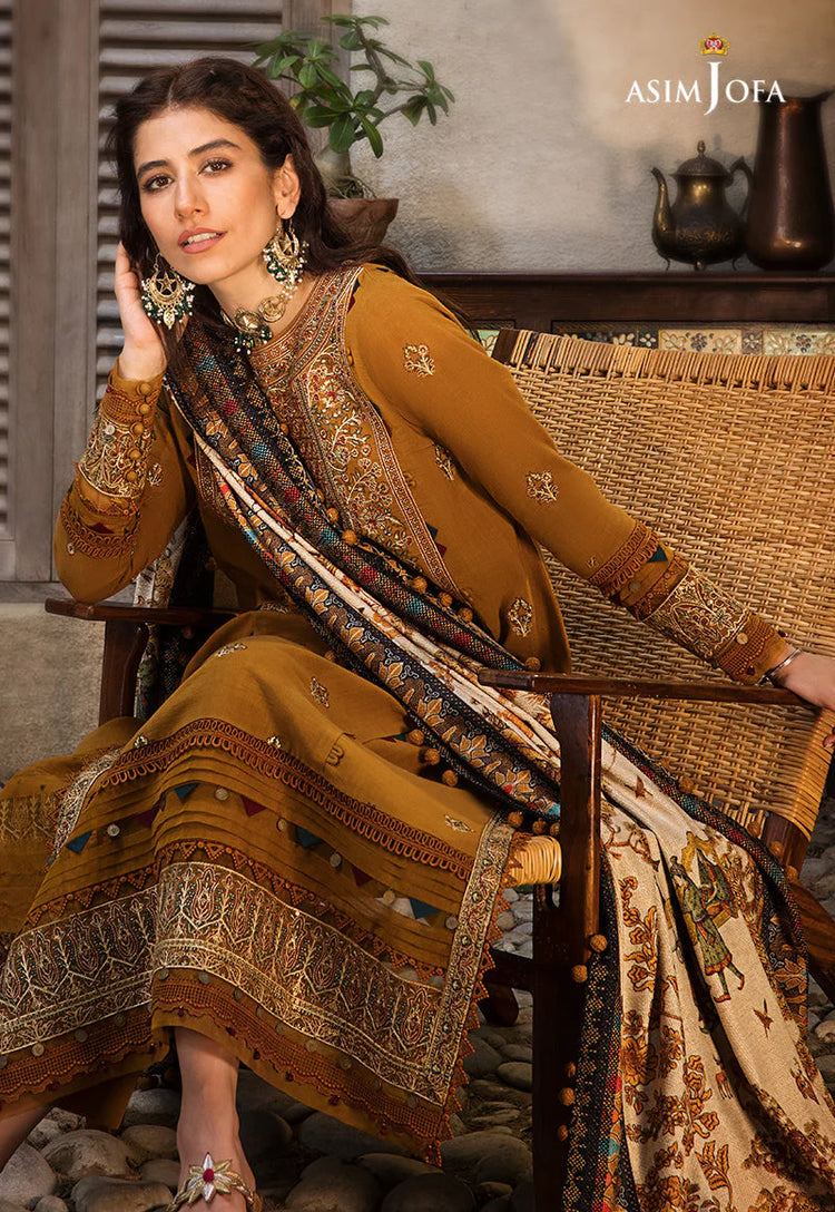ASIM JOFA-3PC DHANAK EMBROIDERED SHIRT WITH COURTRAI PRINTED SHAWL & TROUSR