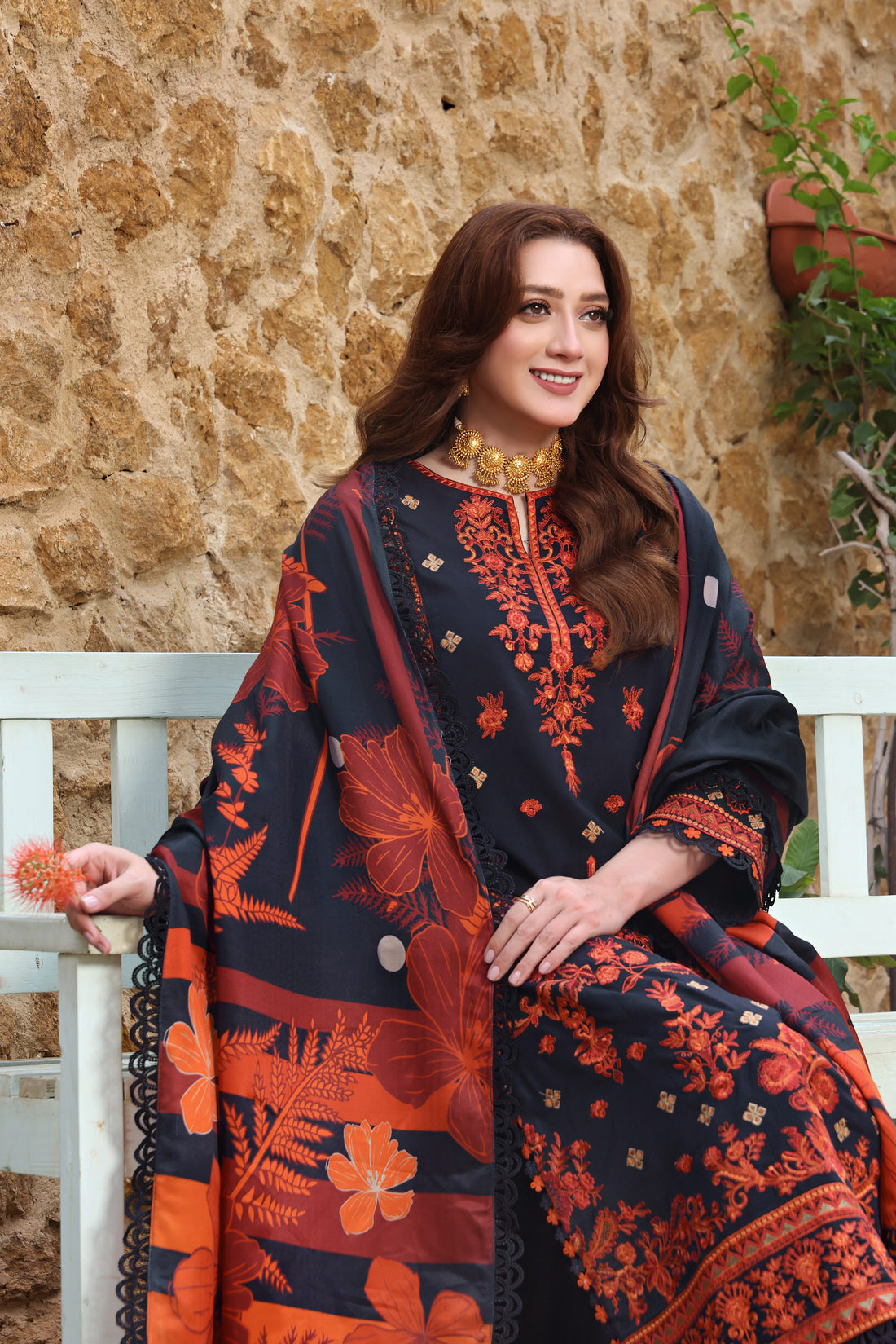 ASIM JOFA-3PC DHANAK EMBROIDERED SHIRT WITH COURTRAI PRINTED SHAWL & TROUSER