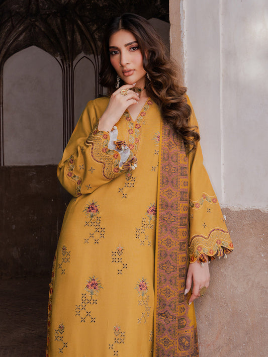 IZEL 3PC DHANAK EMBROIDERED SHIRT WITH PASHMINA WOOL SHAWL &DHANAK TROUSER
