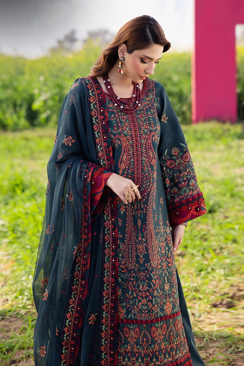 ASIM JOFA-3PC DHANAK EMBROIDERED SHIRT WITH DHANAK EMBROIDERED SHAWL AND TROUSER