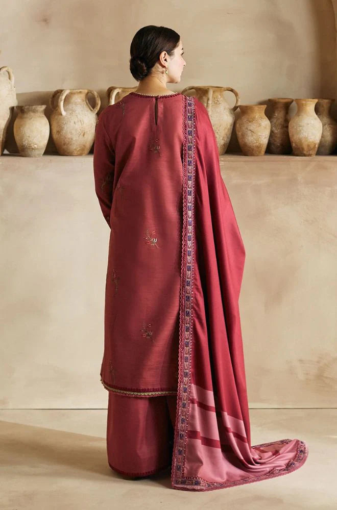 ZARA SHAH JAHAN-3PC DHANAK EMBROIDERED SHIRT WITH  PRINTED SHAWL AND TROUSER