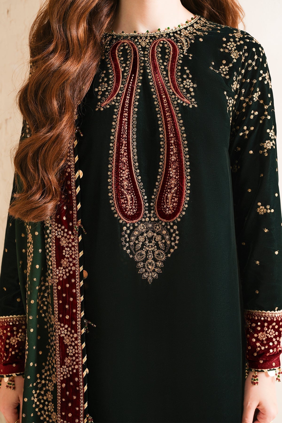 Jazmin 3PC Embroidered Velvet Suit with Embroidered Organza Dupatta