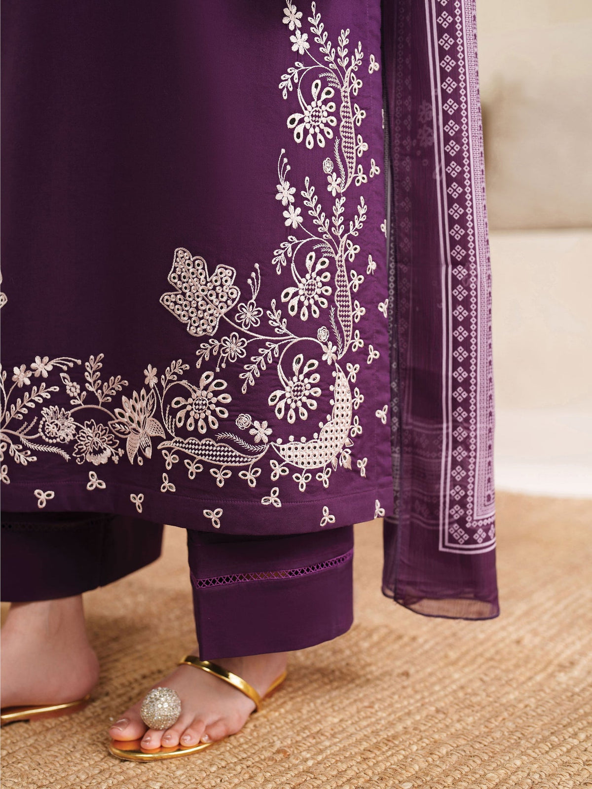 GARNET-3PC DHANAK EMBROIDERED SHIRT WITH COURTRAI PRINTED SHAWL AND TROUSER