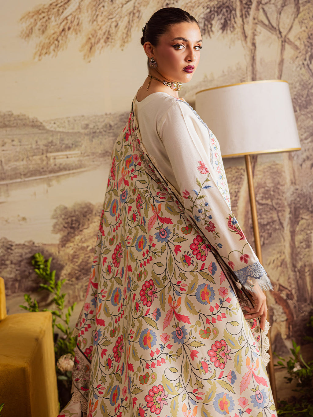 MAHNUR-3PC DHANAK EMBROIDERED SHIRT WITH COURTRAI PRINTED SHAWL & TROUSER