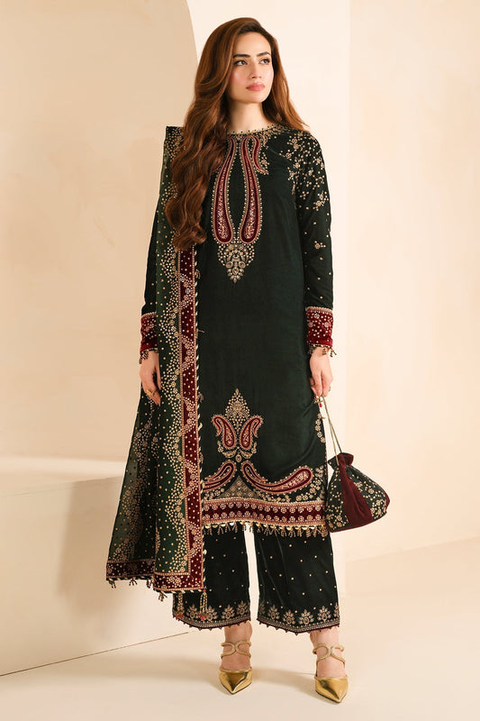 Jazmin 3PC Embroidered Velvet Suit with Embroidered Organza Dupatta