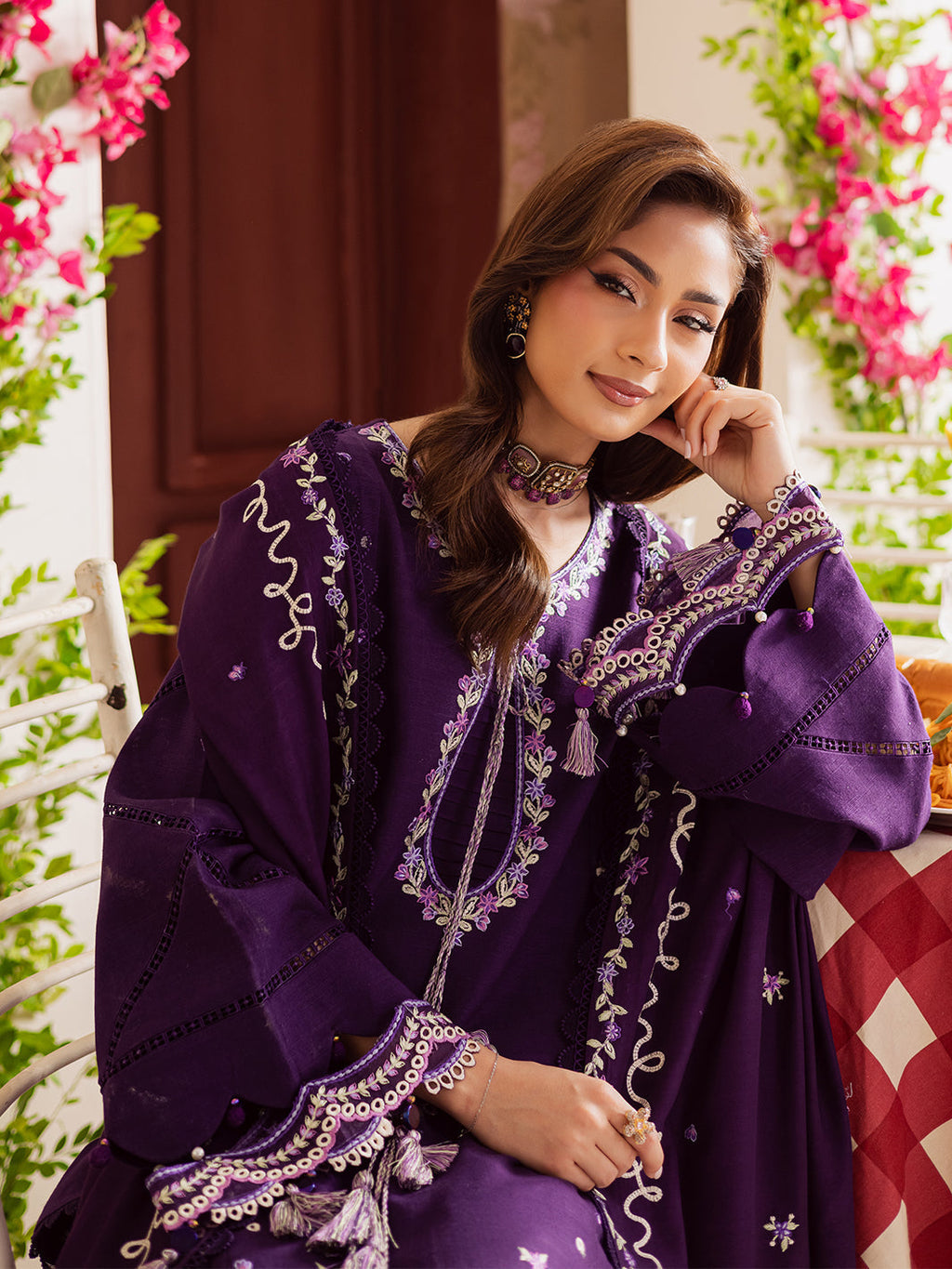 MAHNUR-3PC DHANAK EMBROIDERED SHIRT WITH DHANAK EMBROIDERED SHAWL & TROUSER