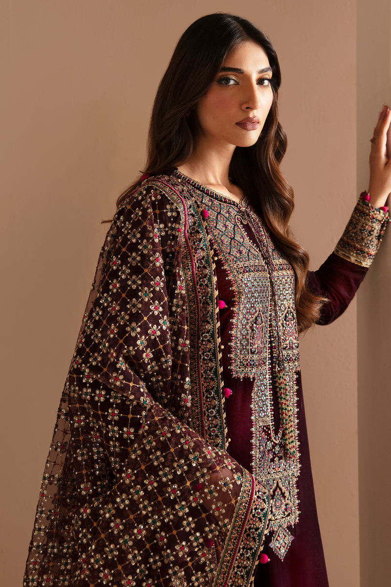 Jazmin 3PC Embroidered Velvet Suit with Embroidered Organza Dupatta