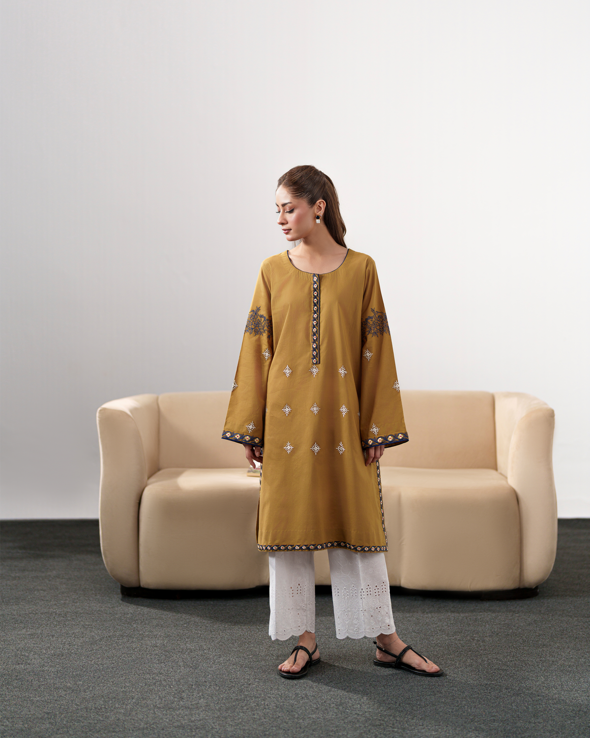 IZEL-3PC DHANAK EMBROIDERED SHIRT WITH DHANAK SHAWL AND EMB TROUSER