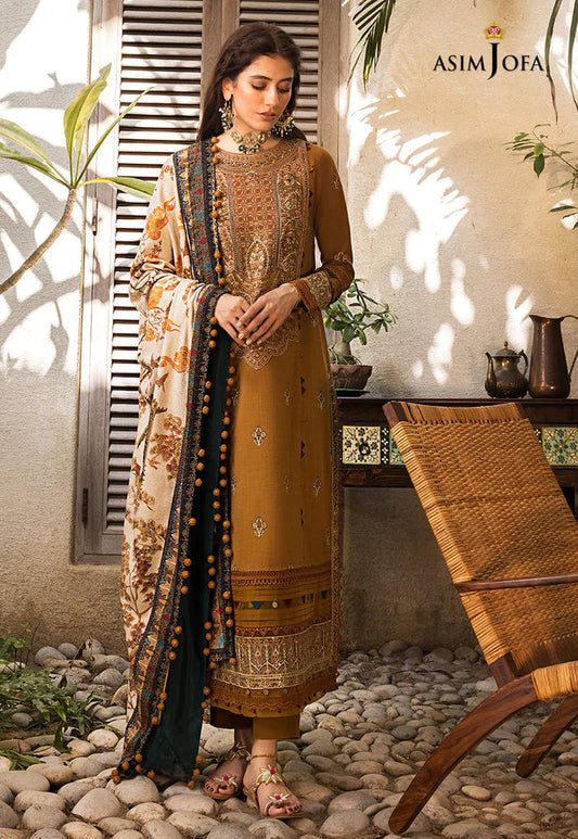 ASIM JOFA-3PC DHANAK EMBROIDERED SHIRT WITH COURTRAI PRINTED SHAWL & TROUSR