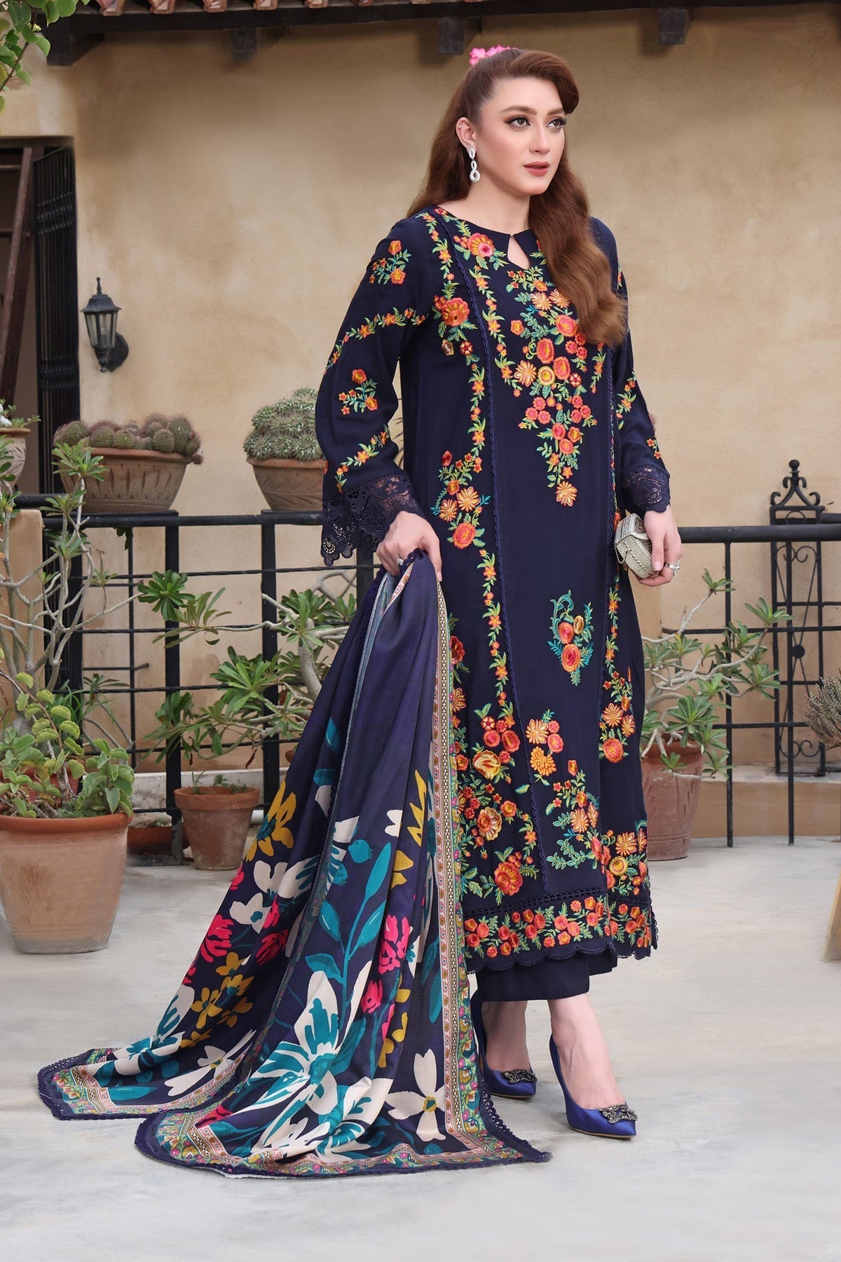 ASIM JOFA-3PC DHANAK EMBROIDERED SHIRT WITH COURTRAI PRINTED SHAWL & TROUSER