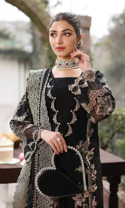 KAHF 3PC UNSTITCHED lawn 90/70 EMBROIDERED WITH EMBROIDERED SHAWL & PLAIN lawn 90/70 TROUSER