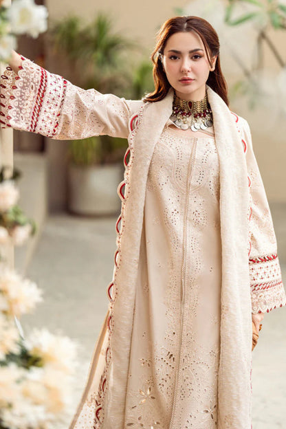 QALAMQAR-3PC CHIKANKAARI LAWN CUTWORK EMBROIDERED SHIRT WITH MANAAR EMBROIDERED CUTWORK DUPATTA AND TROUSER