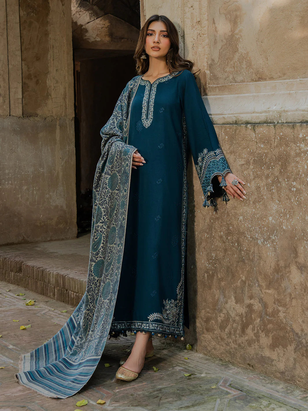 IZEL-3PC DHANAK EMBROIDERED SHIRT WITH COURTRAI PRINTED SHAWL & TROUSER