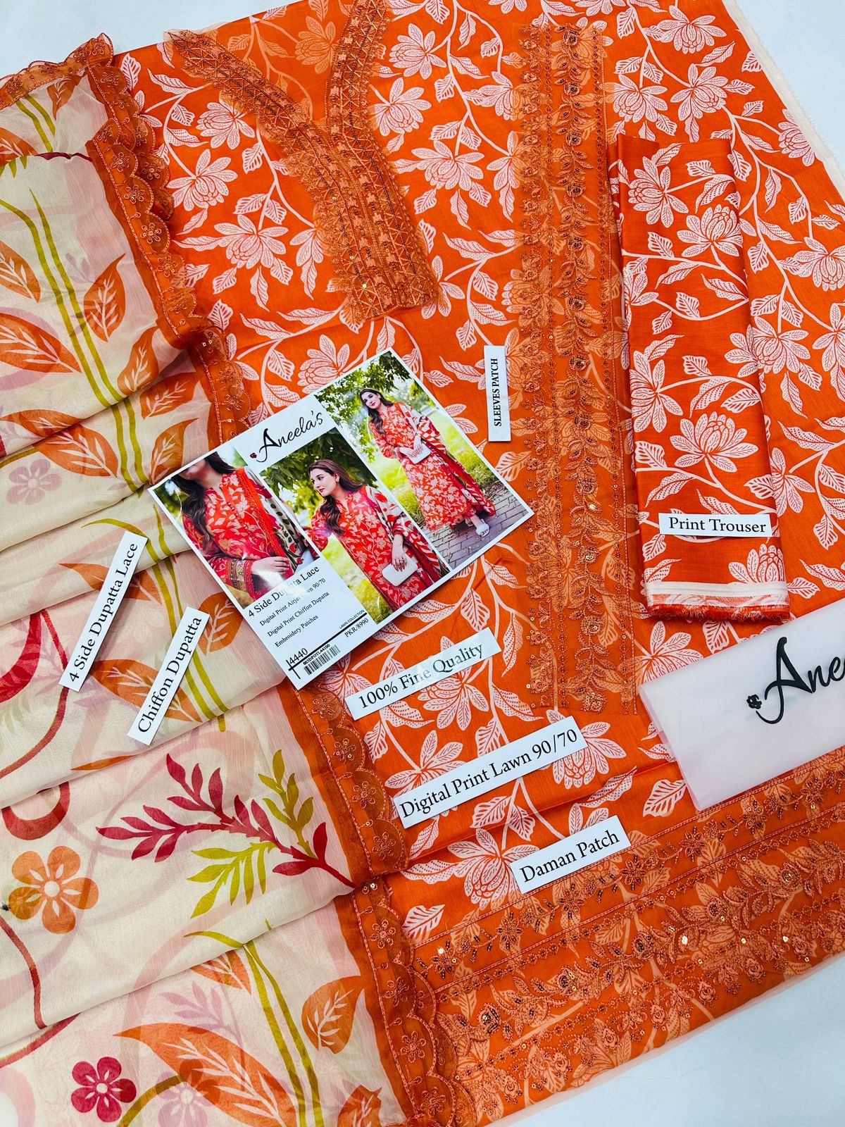 ANEELA’S 3PC PRINTED WITH PATCHES AND READY TO WEAR DUPATTA