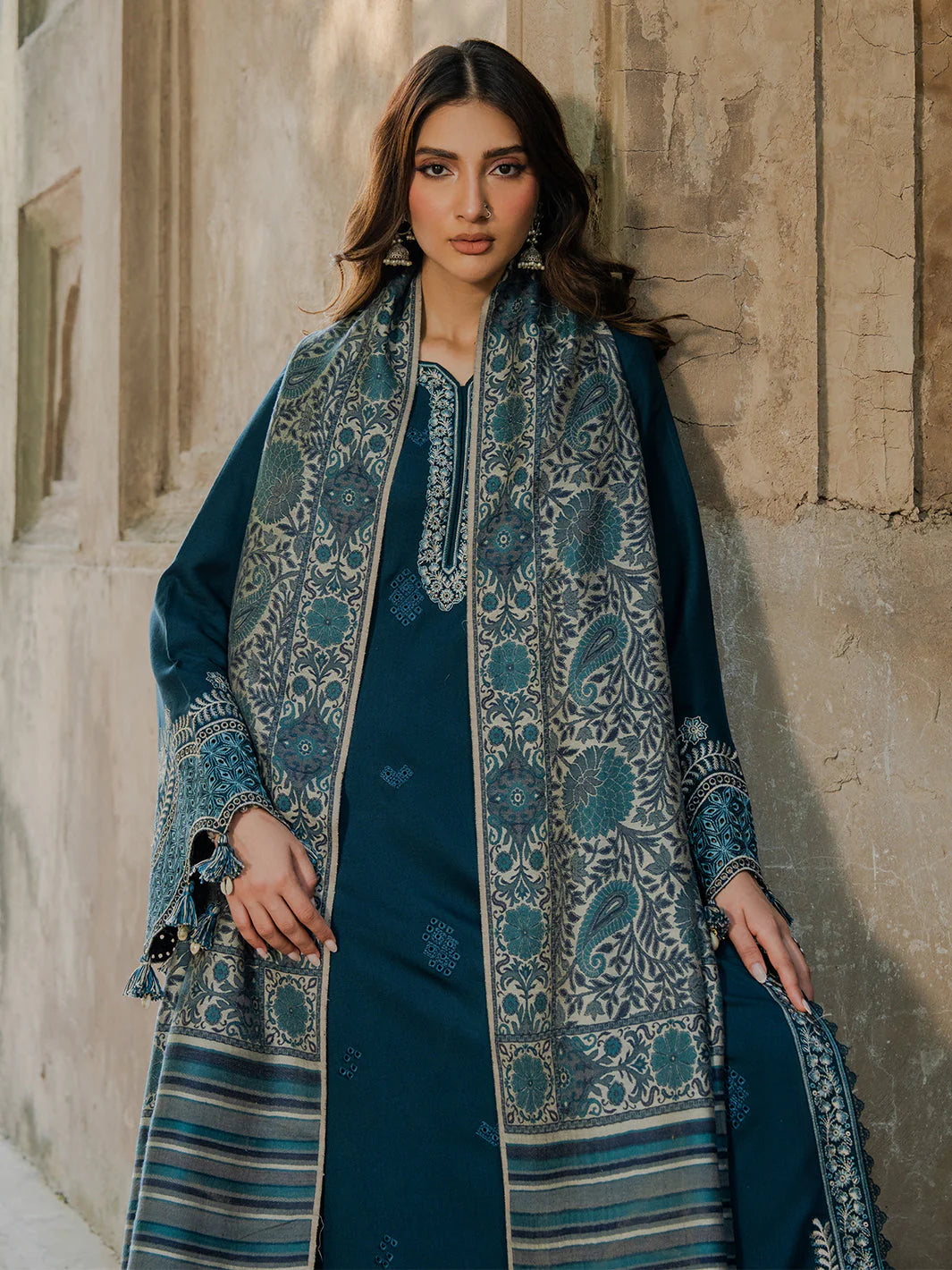 IZEL-3PC DHANAK EMBROIDERED SHIRT WITH COURTRAI PRINTED SHAWL & TROUSER