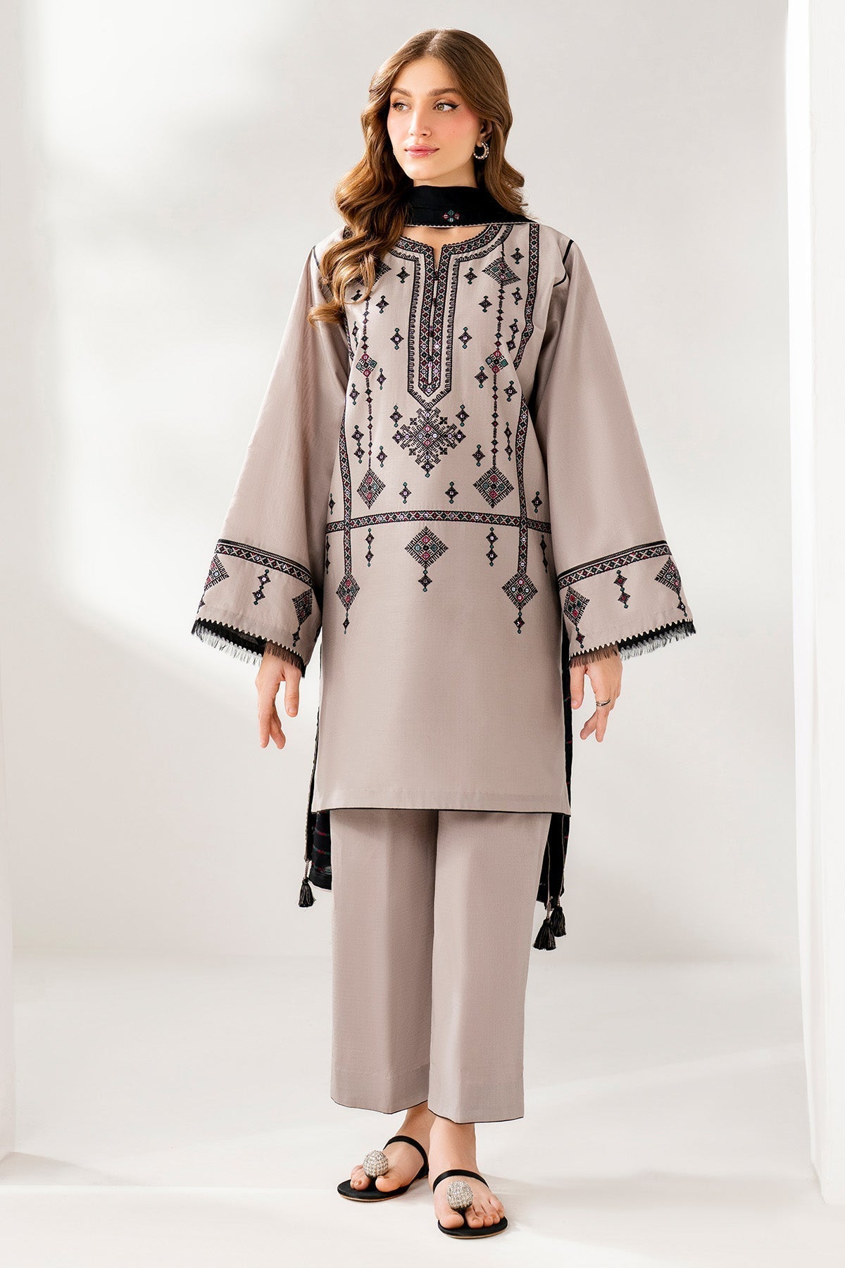 JAZMIN-3PC DHANAK EMBROIDERED SHIRT WITH DHANAK EMB SHAWL AND TROUSER