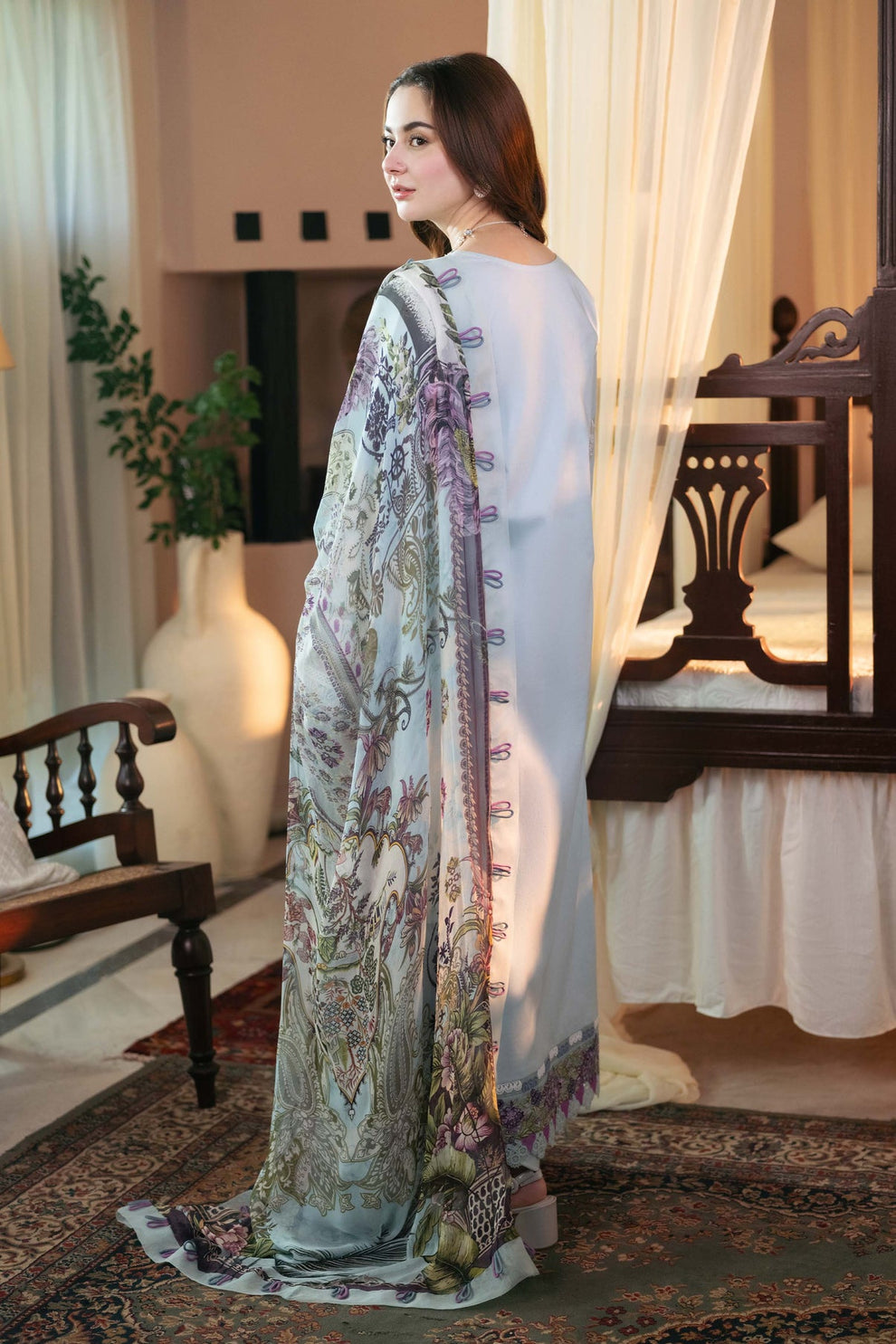 JADE - 3PC DHANAK EMBROIDERED SHIRT WITH DIGITAL PRINT SHAWL AND DYED TROUSER