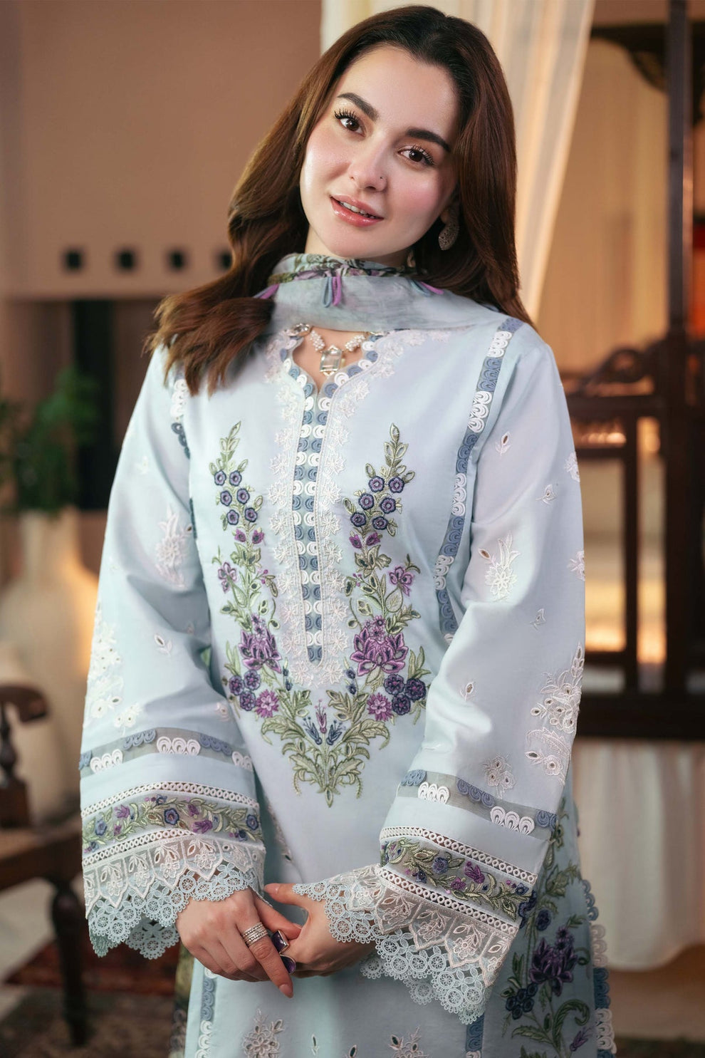 JADE - 3PC DHANAK EMBROIDERED SHIRT WITH DIGITAL PRINT SHAWL AND DYED TROUSER