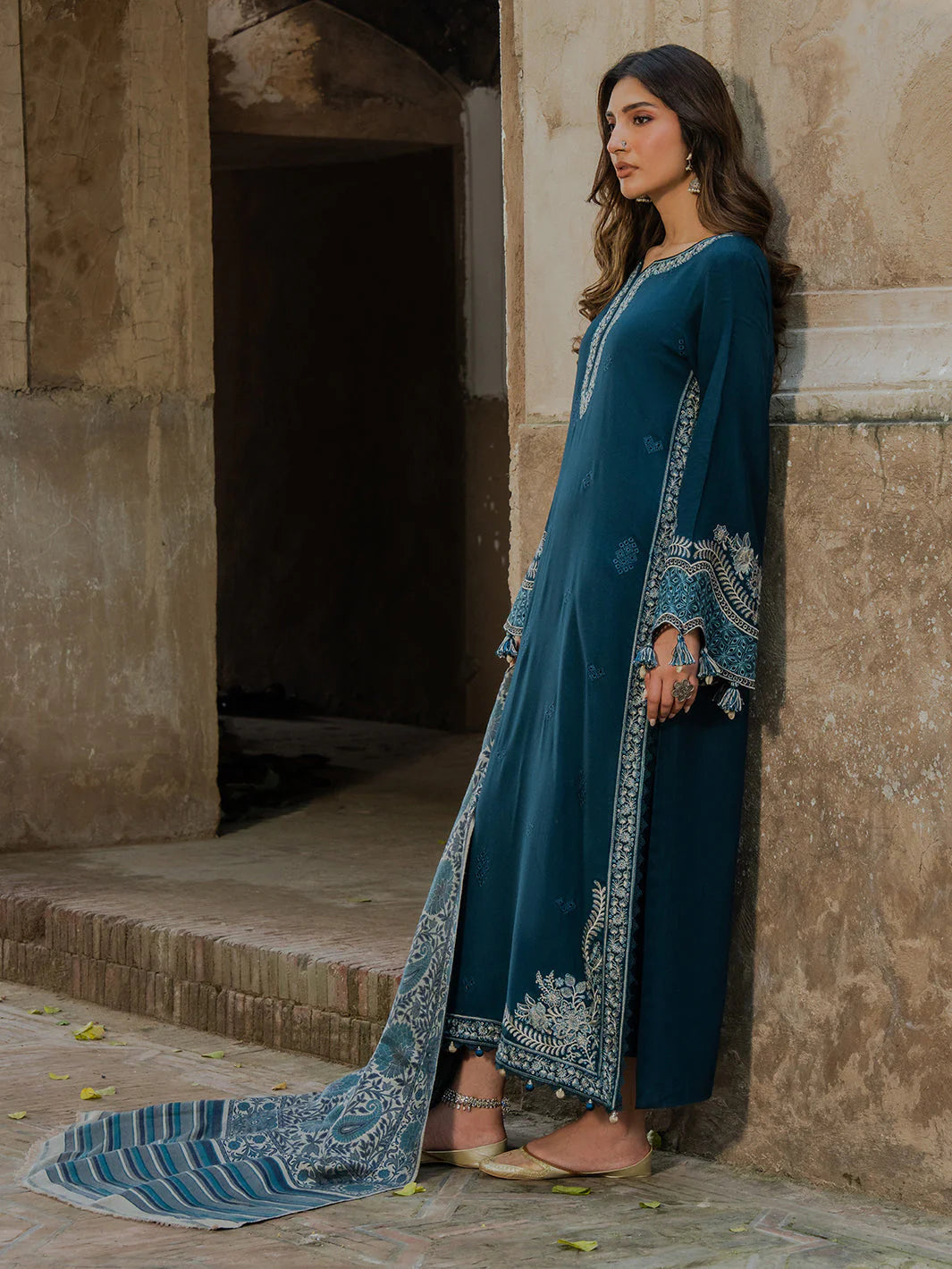 IZEL-3PC DHANAK EMBROIDERED SHIRT WITH COURTRAI PRINTED SHAWL & TROUSER