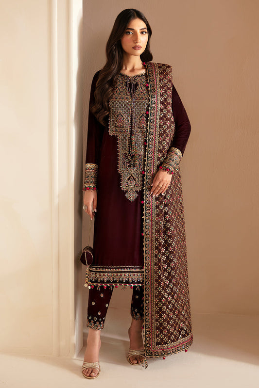 Jazmin 3PC Embroidered Velvet Suit with Embroidered Organza Dupatta