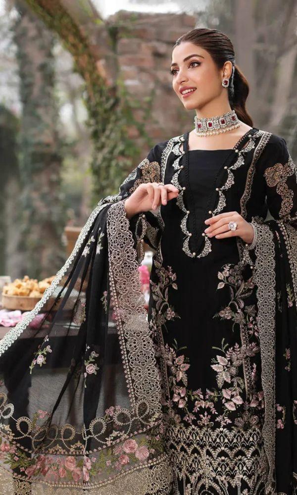 KAHF 3PC UNSTITCHED lawn 90/70 EMBROIDERED WITH EMBROIDERED SHAWL & PLAIN lawn 90/70 TROUSER