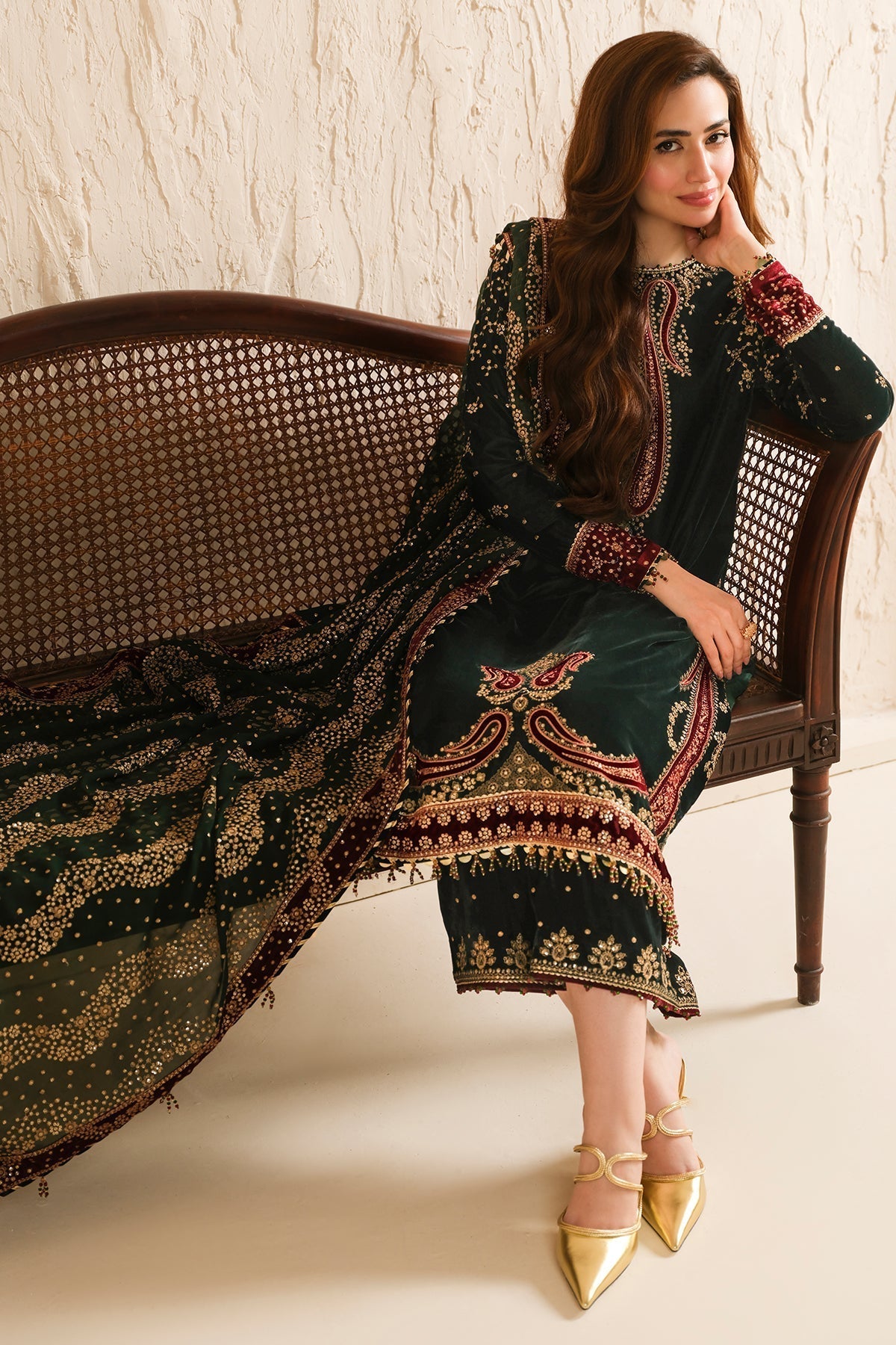 Jazmin 3PC Embroidered Velvet Suit with Embroidered Organza Dupatta