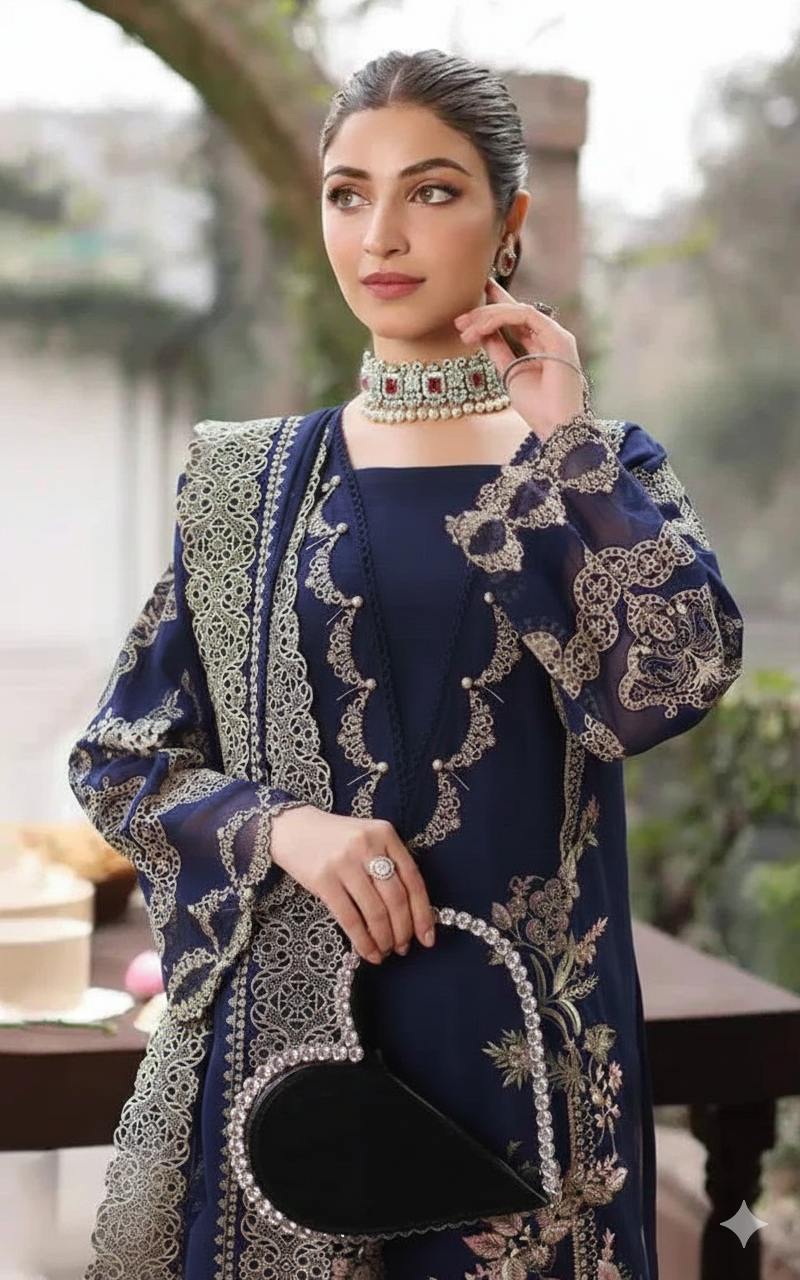 KAHF 3PC UNSTITCHED lawn 90/70 EMBROIDERED WITH EMBROIDERED SHAWL & PLAIN lawn 90/70 TROUSER