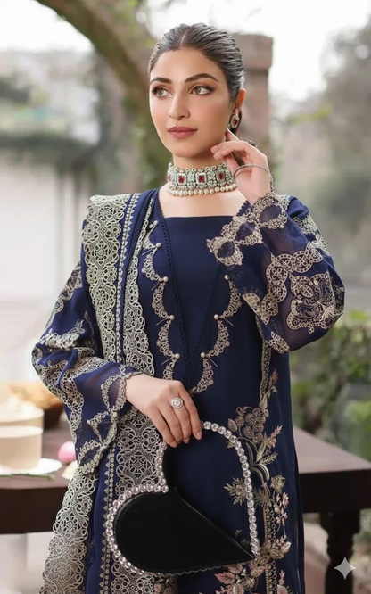KAHF 3PC UNSTITCHED lawn 90/70 EMBROIDERED WITH EMBROIDERED SHAWL & PLAIN lawn 90/70 TROUSER