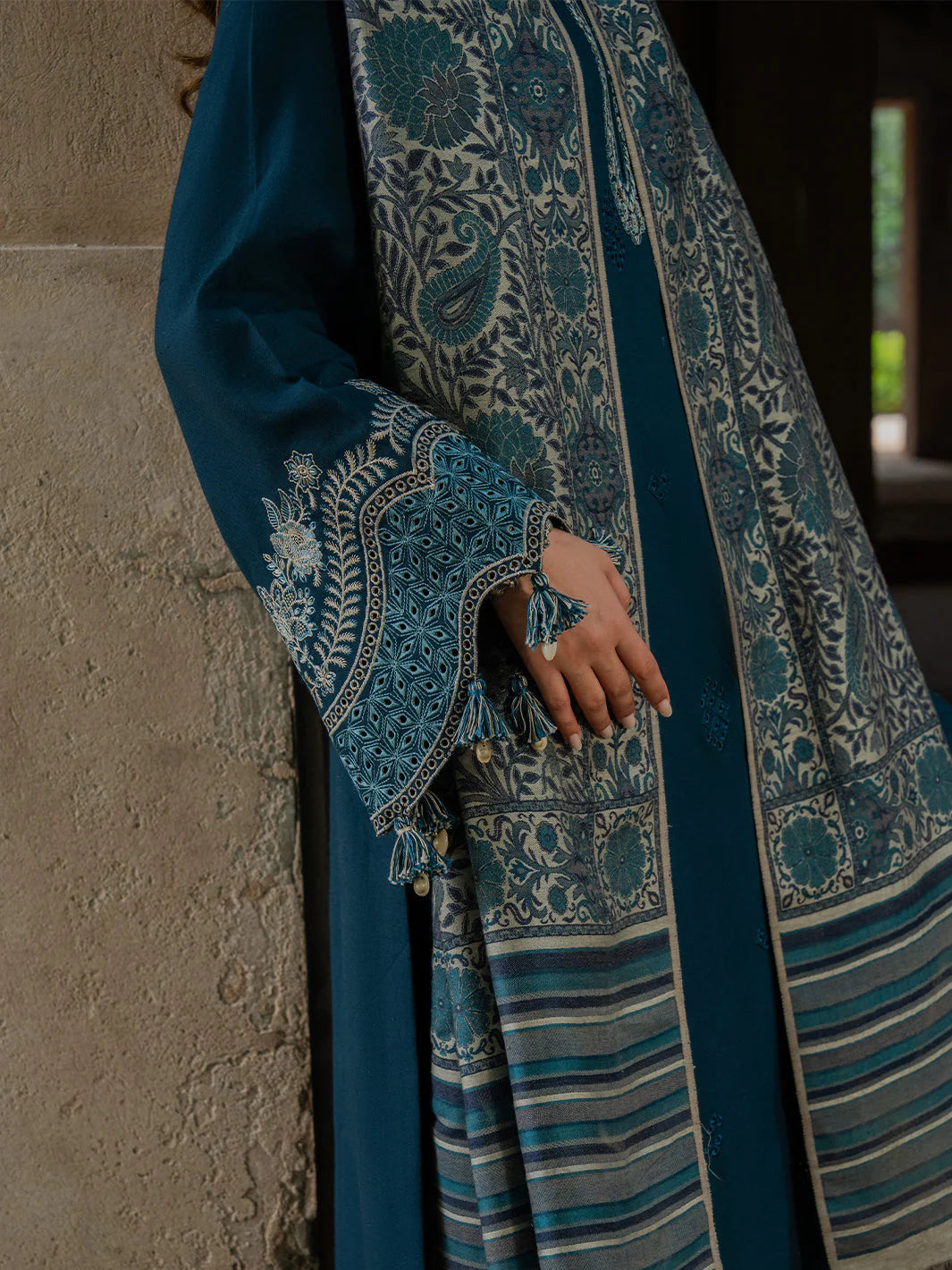 IZEL-3PC DHANAK EMBROIDERED SHIRT WITH COURTRAI PRINTED SHAWL & TROUSER