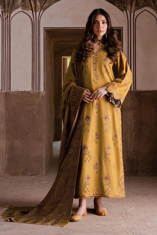 IZEL 3PC DHANAK EMBROIDERED SHIRT WITH PASHMINA WOOL SHAWL &DHANAK TROUSER