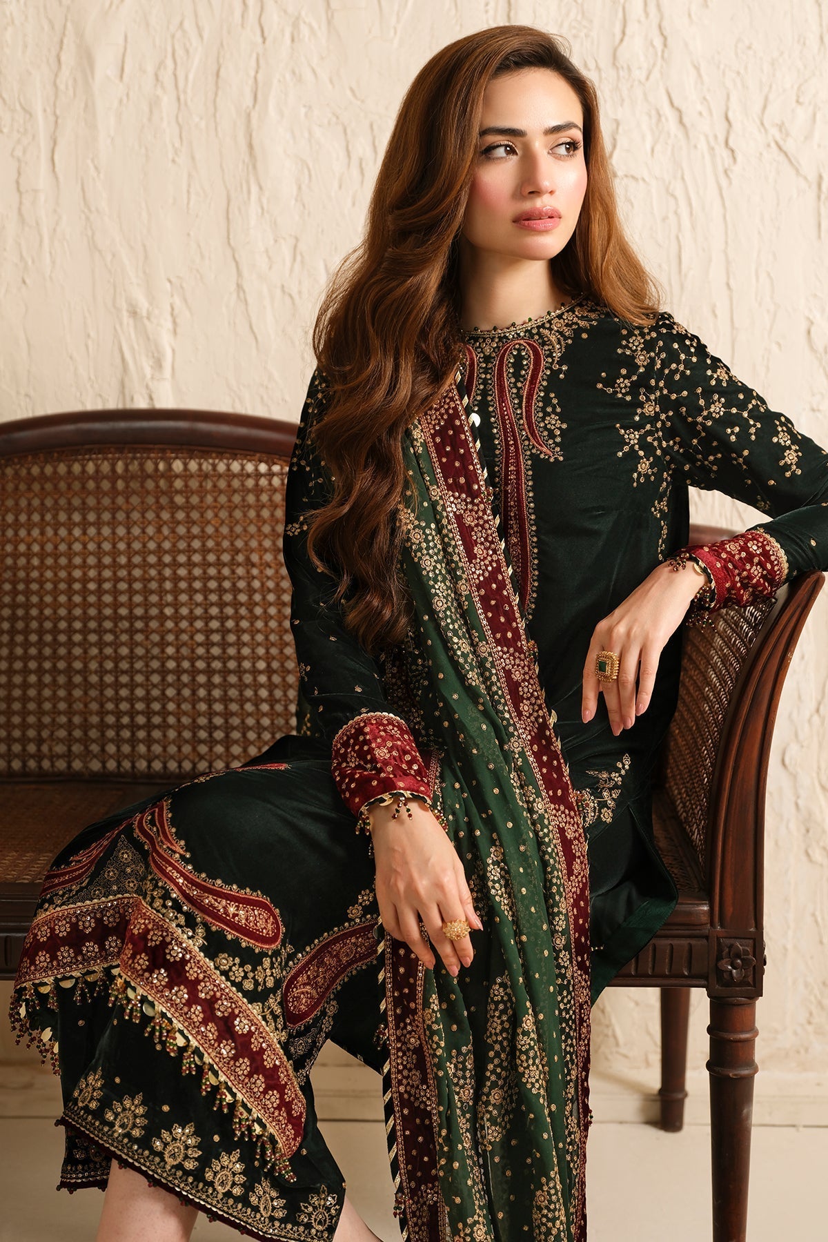 Jazmin 3PC Embroidered Velvet Suit with Embroidered Organza Dupatta