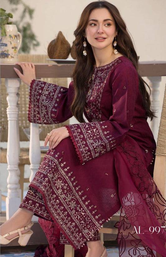 ALLEY'S UNSTITCHED DHANAK EMBROIDERED 3PC WITH SHAWL