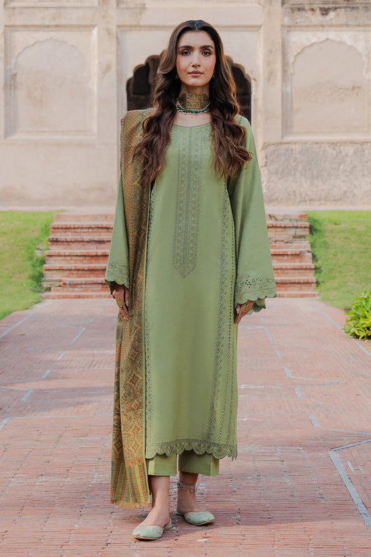 IZEL-3PC DHANAK EMBROIDERED SHIRT WITH COURTRAI PRINTED SHAWL & TROUSER