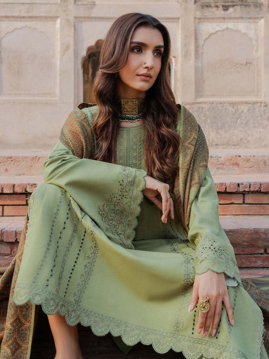 IZEL-3PC DHANAK EMBROIDERED SHIRT WITH COURTRAI PRINTED SHAWL & TROUSER