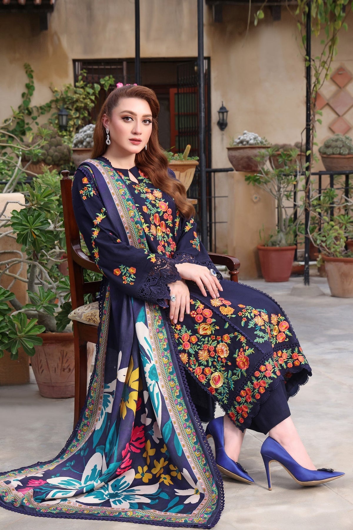 ASIM JOFA-3PC DHANAK EMBROIDERED SHIRT WITH COURTRAI PRINTED SHAWL & TROUSER
