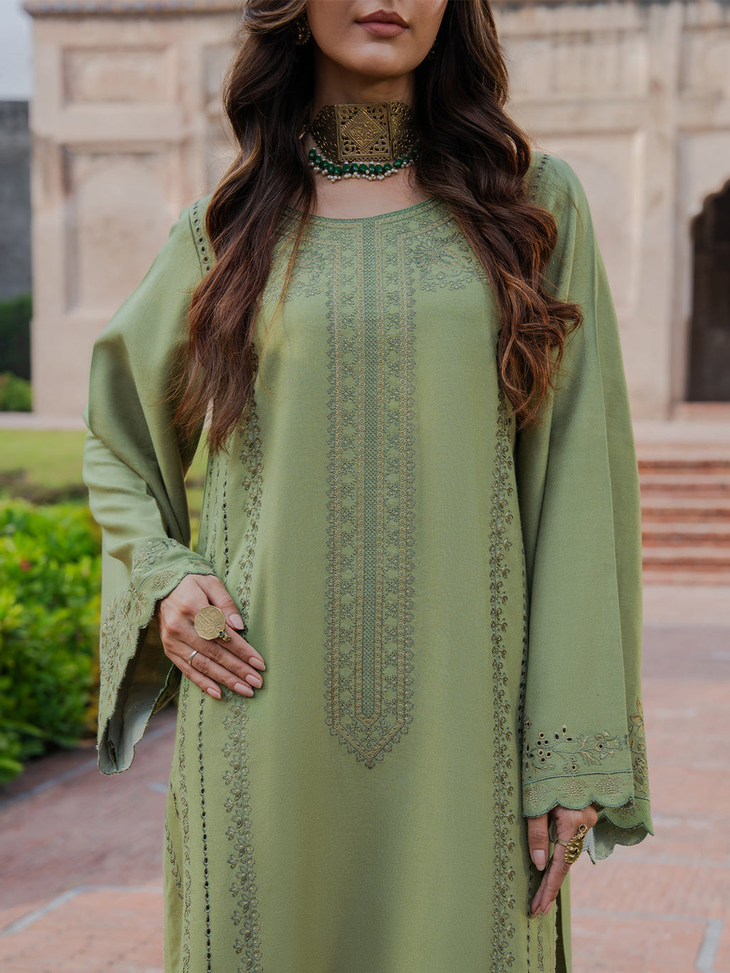 IZEL-3PC DHANAK EMBROIDERED SHIRT WITH COURTRAI PRINTED SHAWL & TROUSER