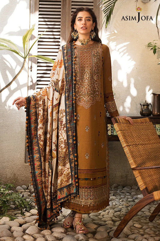 ASIM JOFA-3PC DHANAK EMBROIDERED SHIRT WITH COURTRAI PRINTED SHAWL & TROUSR